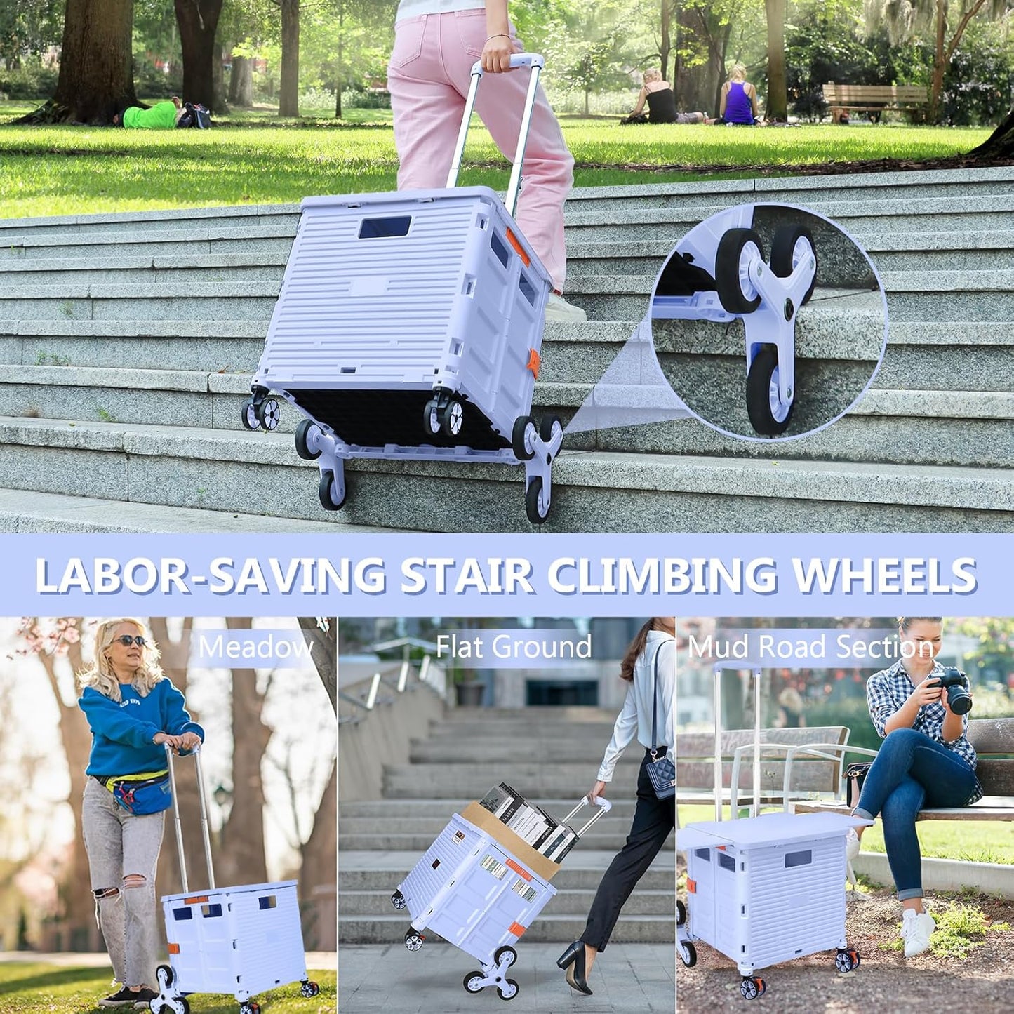 Foldable Utility Cart Folding Portable Rolling Crate Handcart Shopping Trolley Wheel Box with Lid Wear-Resistant Noiseless 360°Rotate Wheel for Travel Shopping Moving Storage Office Use (Yellow)