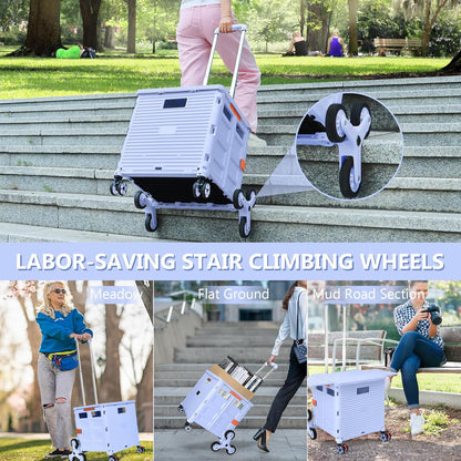Foldable Utility Cart Folding Portable Rolling Crate Handcart Shopping Trolley Wheel Box with Lid Wear-Resistant Noiseless 360°Rotate Wheel for Travel Shopping Moving Storage Office Use (Yellow)