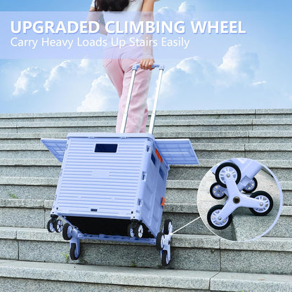 Foldable Utility Cart Folding Portable Rolling Crate Handcart Shopping Trolley Wheel Box with Lid Wear-Resistant Noiseless 360°Rotate Wheel for Travel Shopping Moving Storage Office Use (Yellow)