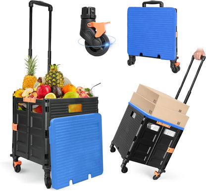 Foldable Utility Cart Folding Portable Rolling Crate Handcart Shopping Trolley Wheel Box with Lid Wear-Resistant Noiseless 360°Rotate Wheel for Travel Shopping Moving Storage Office Use (Yellow)