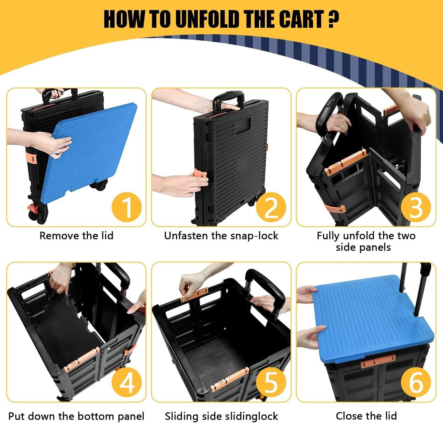 Foldable Utility Cart Folding Portable Rolling Crate Handcart Shopping Trolley Wheel Box with Lid Wear-Resistant Noiseless 360°Rotate Wheel for Travel Shopping Moving Storage Office Use (Yellow)