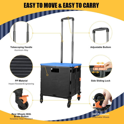 Foldable Utility Cart Folding Portable Rolling Crate Handcart Shopping Trolley Wheel Box with Lid Wear-Resistant Noiseless 360°Rotate Wheel for Travel Shopping Moving Storage Office Use (Yellow)