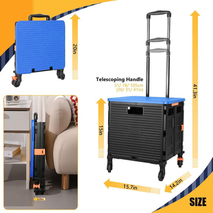 Foldable Utility Cart Folding Portable Rolling Crate Handcart Shopping Trolley Wheel Box with Lid Wear-Resistant Noiseless 360°Rotate Wheel for Travel Shopping Moving Storage Office Use (Yellow)