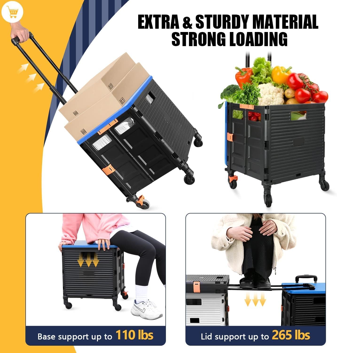 Foldable Utility Cart Folding Portable Rolling Crate Handcart Shopping Trolley Wheel Box with Lid Wear-Resistant Noiseless 360°Rotate Wheel for Travel Shopping Moving Storage Office Use (Yellow)