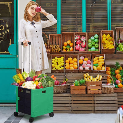 Foldable Utility Cart Folding Portable Rolling Crate Handcart Shopping Trolley Wheel Box with Lid Wear-Resistant Noiseless 360°Rotate Wheel for Travel Shopping Moving Storage Office Use (Yellow)