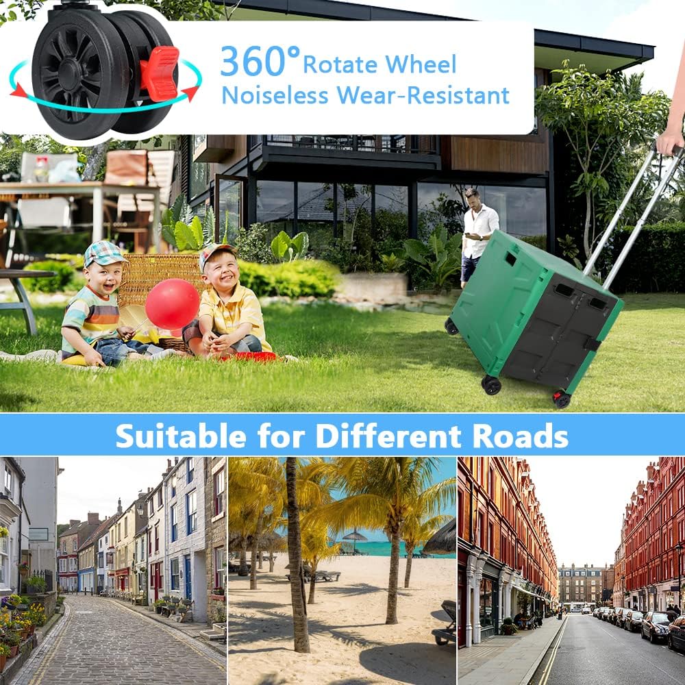 Foldable Utility Cart Folding Portable Rolling Crate Handcart Shopping Trolley Wheel Box with Lid Wear-Resistant Noiseless 360°Rotate Wheel for Travel Shopping Moving Storage Office Use (Yellow)