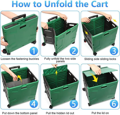 Foldable Utility Cart Folding Portable Rolling Crate Handcart Shopping Trolley Wheel Box with Lid Wear-Resistant Noiseless 360°Rotate Wheel for Travel Shopping Moving Storage Office Use (Yellow)