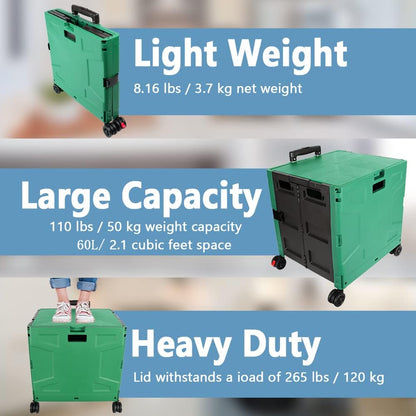 Foldable Utility Cart Folding Portable Rolling Crate Handcart Shopping Trolley Wheel Box with Lid Wear-Resistant Noiseless 360°Rotate Wheel for Travel Shopping Moving Storage Office Use (Yellow)