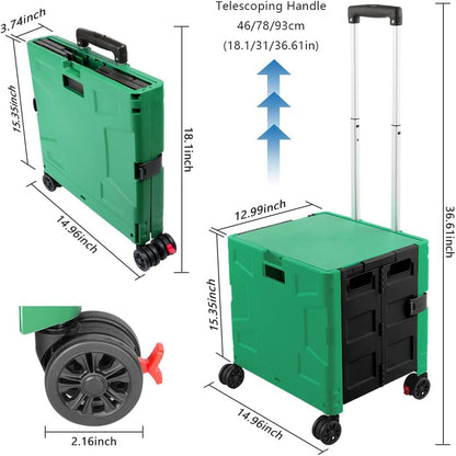 Foldable Utility Cart Folding Portable Rolling Crate Handcart Shopping Trolley Wheel Box with Lid Wear-Resistant Noiseless 360°Rotate Wheel for Travel Shopping Moving Storage Office Use (Yellow)