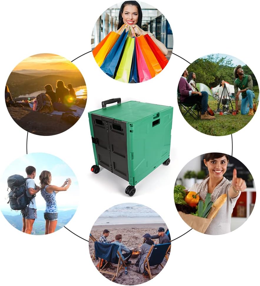 Foldable Utility Cart Folding Portable Rolling Crate Handcart Shopping Trolley Wheel Box with Lid Wear-Resistant Noiseless 360°Rotate Wheel for Travel Shopping Moving Storage Office Use (Yellow)