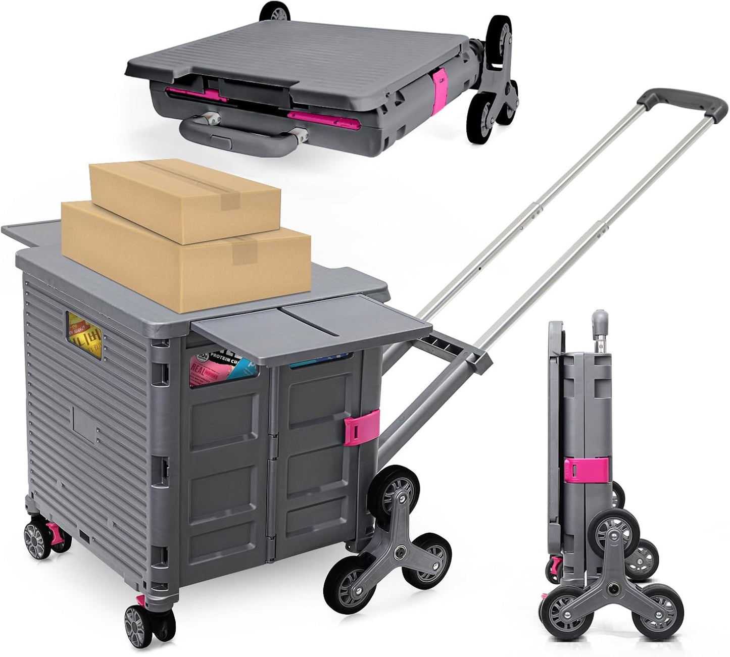 Foldable Utility Cart Folding Portable Rolling Crate Handcart Shopping Trolley Wheel Box with Lid Wear-Resistant Noiseless 360°Rotate Wheel for Travel Shopping Moving Storage Office Use (Yellow)
