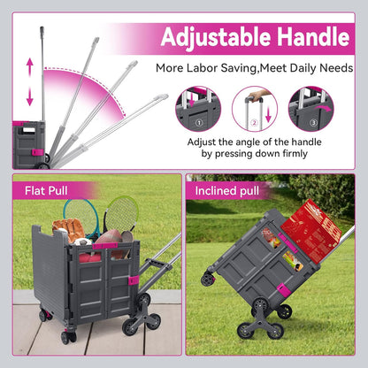 Foldable Utility Cart Folding Portable Rolling Crate Handcart Shopping Trolley Wheel Box with Lid Wear-Resistant Noiseless 360°Rotate Wheel for Travel Shopping Moving Storage Office Use (Yellow)