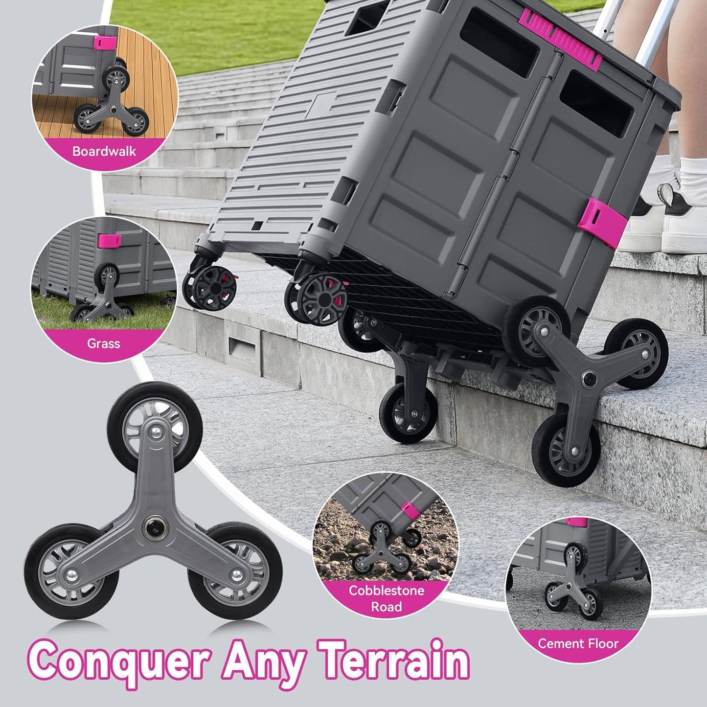 Foldable Utility Cart Folding Portable Rolling Crate Handcart Shopping Trolley Wheel Box with Lid Wear-Resistant Noiseless 360°Rotate Wheel for Travel Shopping Moving Storage Office Use (Yellow)