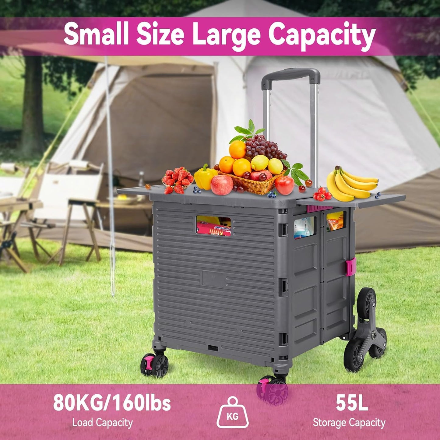Foldable Utility Cart Folding Portable Rolling Crate Handcart Shopping Trolley Wheel Box with Lid Wear-Resistant Noiseless 360°Rotate Wheel for Travel Shopping Moving Storage Office Use (Yellow)