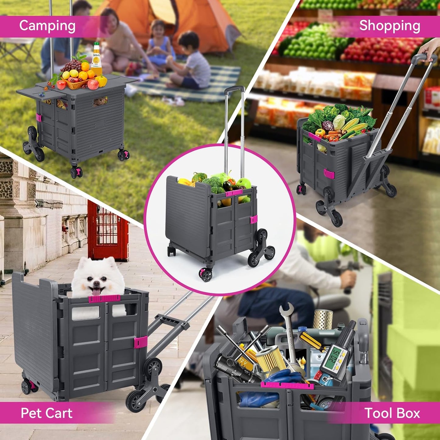 Foldable Utility Cart Folding Portable Rolling Crate Handcart Shopping Trolley Wheel Box with Lid Wear-Resistant Noiseless 360°Rotate Wheel for Travel Shopping Moving Storage Office Use (Yellow)