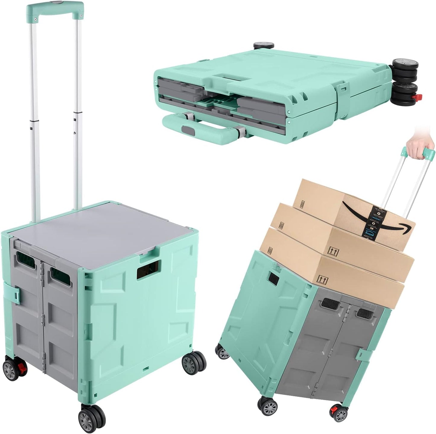 Foldable Utility Cart Folding Portable Rolling Crate Handcart Shopping Trolley Wheel Box with Lid Wear-Resistant Noiseless 360°Rotate Wheel for Travel Shopping Moving Storage Office Use (Yellow)