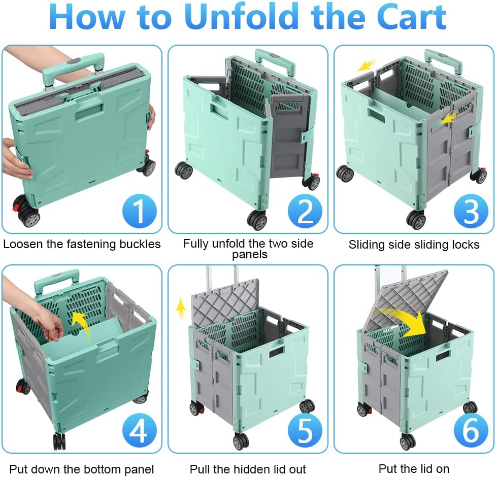 Foldable Utility Cart Folding Portable Rolling Crate Handcart Shopping Trolley Wheel Box with Lid Wear-Resistant Noiseless 360°Rotate Wheel for Travel Shopping Moving Storage Office Use (Yellow)