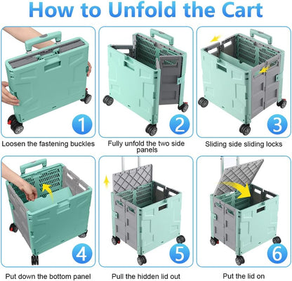 Foldable Utility Cart Folding Portable Rolling Crate Handcart Shopping Trolley Wheel Box with Lid Wear-Resistant Noiseless 360°Rotate Wheel for Travel Shopping Moving Storage Office Use (Yellow)