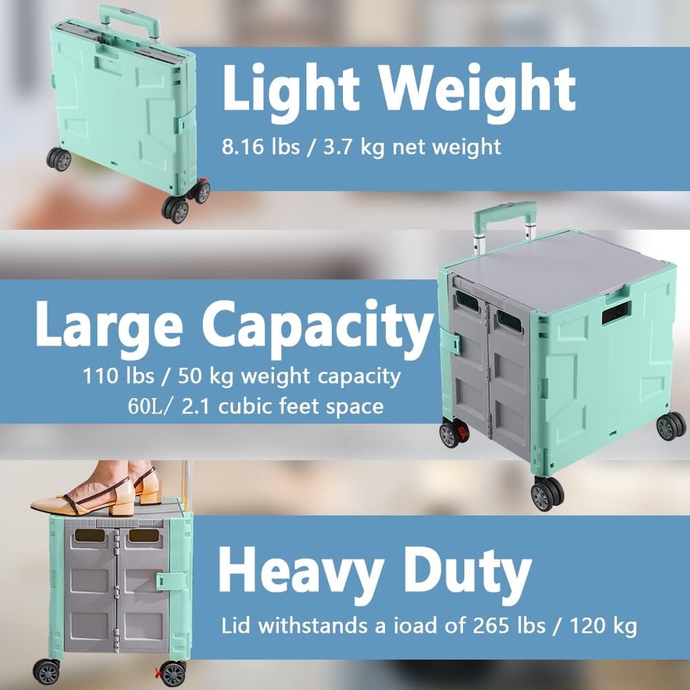 Foldable Utility Cart Folding Portable Rolling Crate Handcart Shopping Trolley Wheel Box with Lid Wear-Resistant Noiseless 360°Rotate Wheel for Travel Shopping Moving Storage Office Use (Yellow)