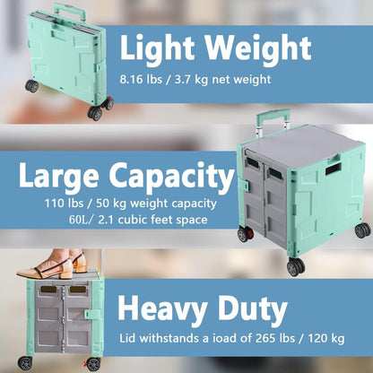 Foldable Utility Cart Folding Portable Rolling Crate Handcart Shopping Trolley Wheel Box with Lid Wear-Resistant Noiseless 360°Rotate Wheel for Travel Shopping Moving Storage Office Use (Yellow)