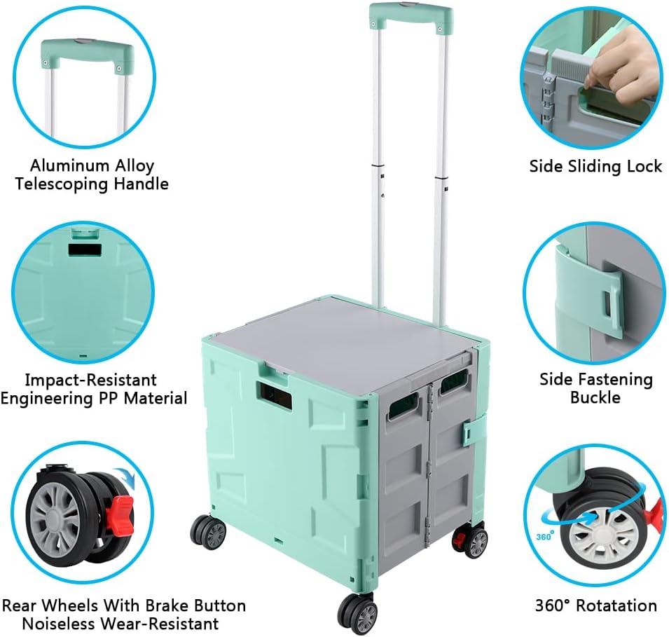 Foldable Utility Cart Folding Portable Rolling Crate Handcart Shopping Trolley Wheel Box with Lid Wear-Resistant Noiseless 360°Rotate Wheel for Travel Shopping Moving Storage Office Use (Yellow)