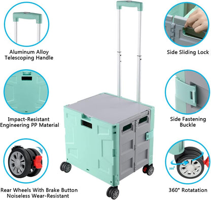 Foldable Utility Cart Folding Portable Rolling Crate Handcart Shopping Trolley Wheel Box with Lid Wear-Resistant Noiseless 360°Rotate Wheel for Travel Shopping Moving Storage Office Use (Yellow)