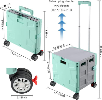 Foldable Utility Cart Folding Portable Rolling Crate Handcart Shopping Trolley Wheel Box with Lid Wear-Resistant Noiseless 360°Rotate Wheel for Travel Shopping Moving Storage Office Use (Yellow)