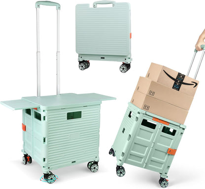 Foldable Utility Cart Folding Portable Rolling Crate Handcart Shopping Trolley Wheel Box with Lid Wear-Resistant Noiseless 360°Rotate Wheel for Travel Shopping Moving Storage Office Use (Yellow)