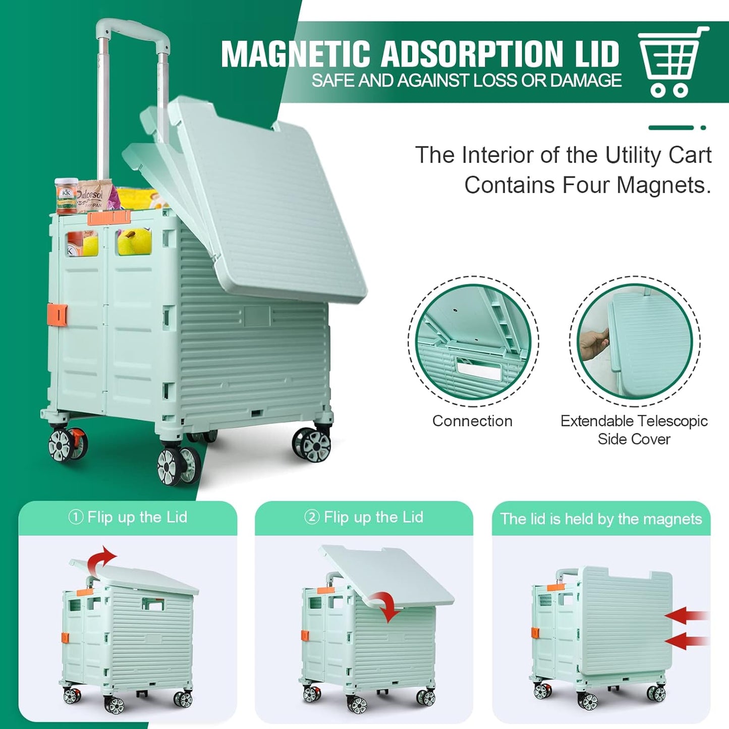 Foldable Utility Cart Folding Portable Rolling Crate Handcart Shopping Trolley Wheel Box with Lid Wear-Resistant Noiseless 360°Rotate Wheel for Travel Shopping Moving Storage Office Use (Yellow)