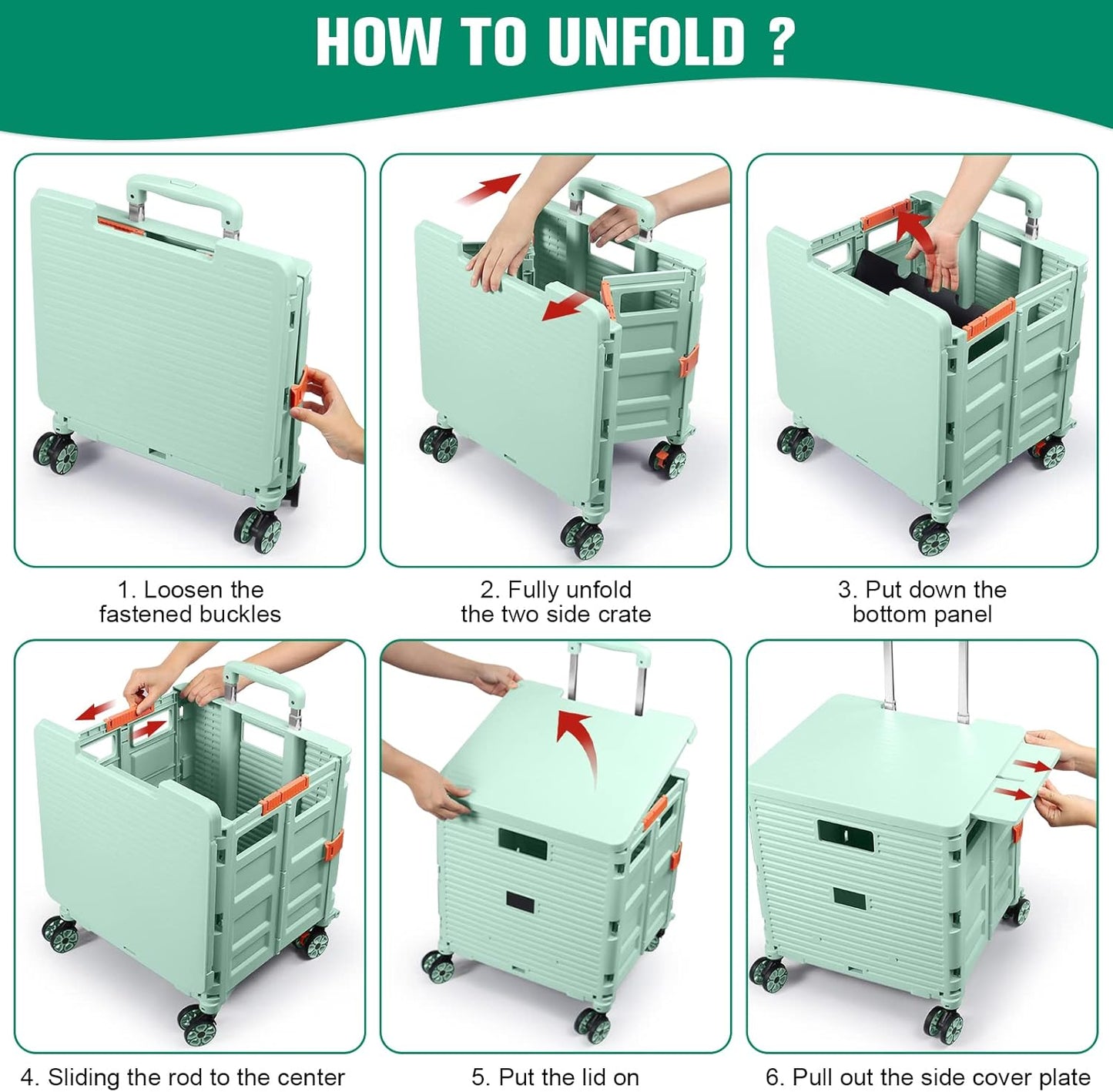 Foldable Utility Cart Folding Portable Rolling Crate Handcart Shopping Trolley Wheel Box with Lid Wear-Resistant Noiseless 360°Rotate Wheel for Travel Shopping Moving Storage Office Use (Yellow)