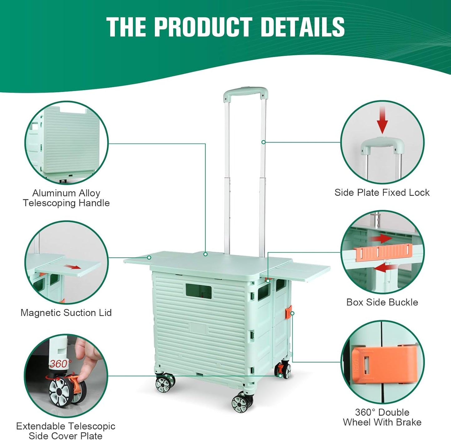 Foldable Utility Cart Folding Portable Rolling Crate Handcart Shopping Trolley Wheel Box with Lid Wear-Resistant Noiseless 360°Rotate Wheel for Travel Shopping Moving Storage Office Use (Yellow)
