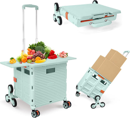 Foldable Utility Cart Folding Portable Rolling Crate Handcart Shopping Trolley Wheel Box with Lid Wear-Resistant Noiseless 360°Rotate Wheel for Travel Shopping Moving Storage Office Use (Yellow)