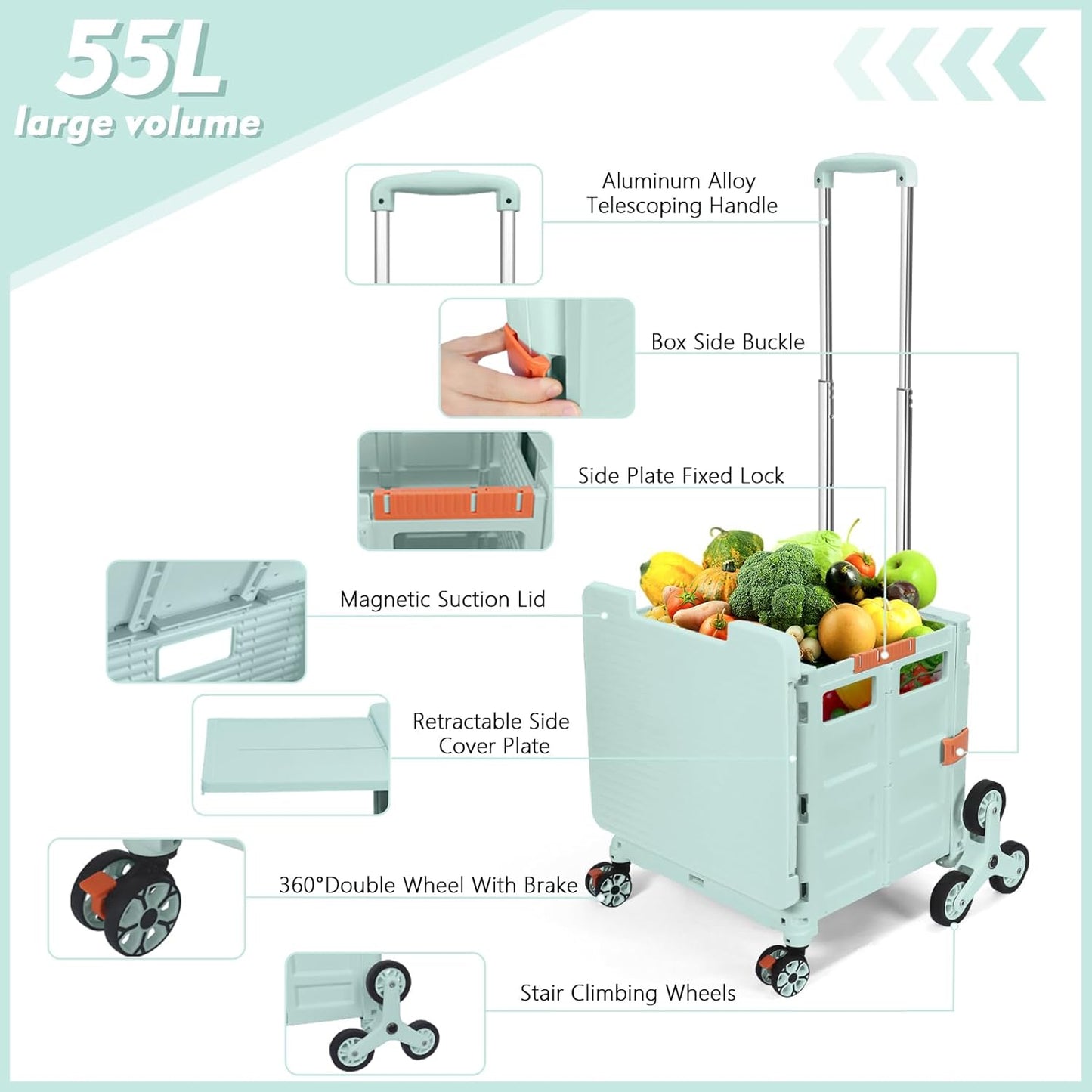 Foldable Utility Cart Folding Portable Rolling Crate Handcart Shopping Trolley Wheel Box with Lid Wear-Resistant Noiseless 360°Rotate Wheel for Travel Shopping Moving Storage Office Use (Yellow)