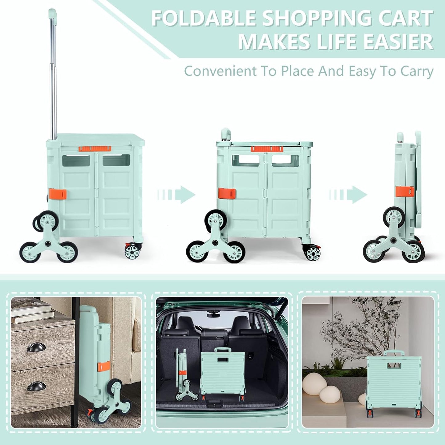Foldable Utility Cart Folding Portable Rolling Crate Handcart Shopping Trolley Wheel Box with Lid Wear-Resistant Noiseless 360°Rotate Wheel for Travel Shopping Moving Storage Office Use (Yellow)