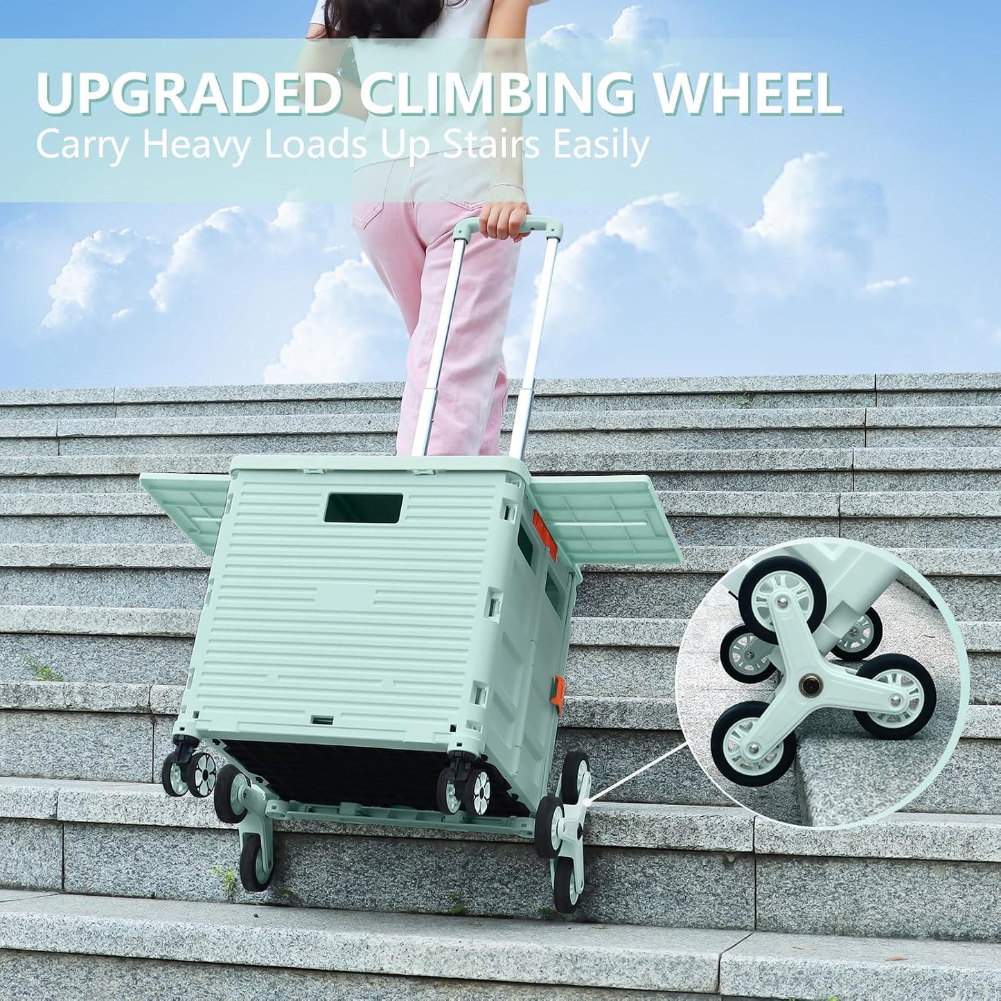 Foldable Utility Cart Folding Portable Rolling Crate Handcart Shopping Trolley Wheel Box with Lid Wear-Resistant Noiseless 360°Rotate Wheel for Travel Shopping Moving Storage Office Use (Yellow)