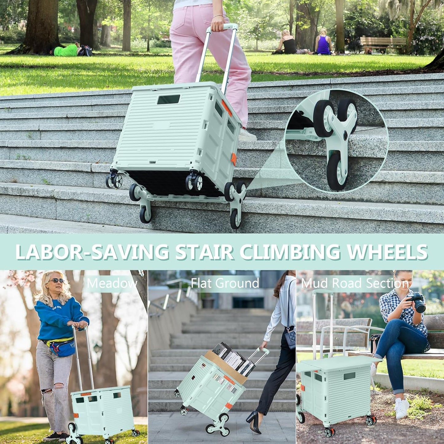 Foldable Utility Cart Folding Portable Rolling Crate Handcart Shopping Trolley Wheel Box with Lid Wear-Resistant Noiseless 360°Rotate Wheel for Travel Shopping Moving Storage Office Use (Yellow)