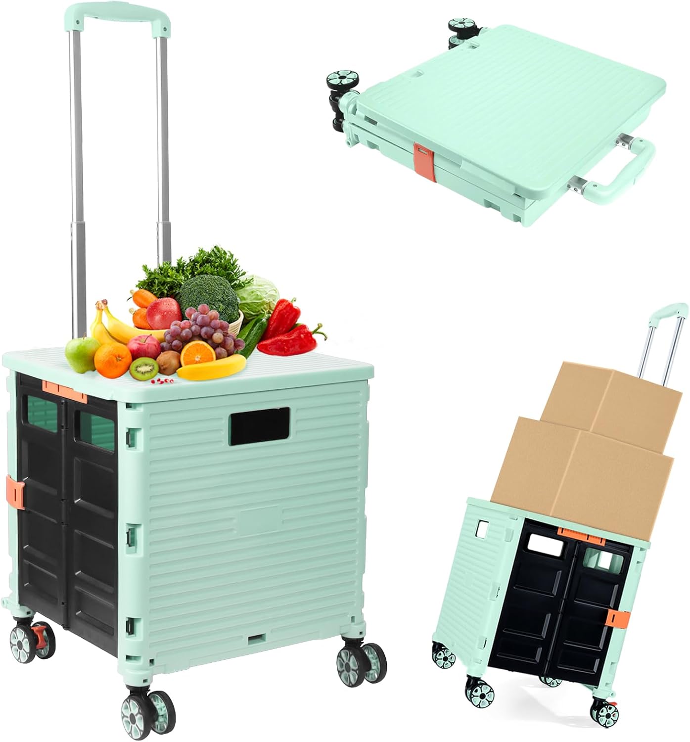 Foldable Utility Cart Folding Portable Rolling Crate Handcart Shopping Trolley Wheel Box with Lid Wear-Resistant Noiseless 360°Rotate Wheel for Travel Shopping Moving Storage Office Use (Yellow)