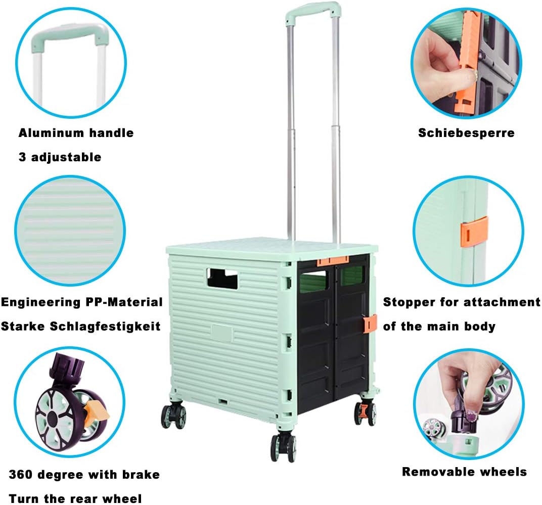 Foldable Utility Cart Folding Portable Rolling Crate Handcart Shopping Trolley Wheel Box with Lid Wear-Resistant Noiseless 360°Rotate Wheel for Travel Shopping Moving Storage Office Use (Yellow)