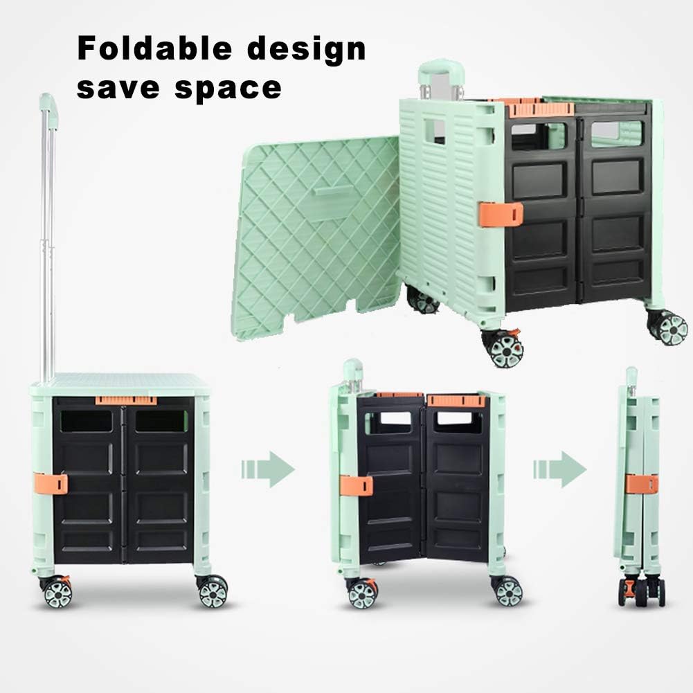 Foldable Utility Cart Folding Portable Rolling Crate Handcart Shopping Trolley Wheel Box with Lid Wear-Resistant Noiseless 360°Rotate Wheel for Travel Shopping Moving Storage Office Use (Yellow)