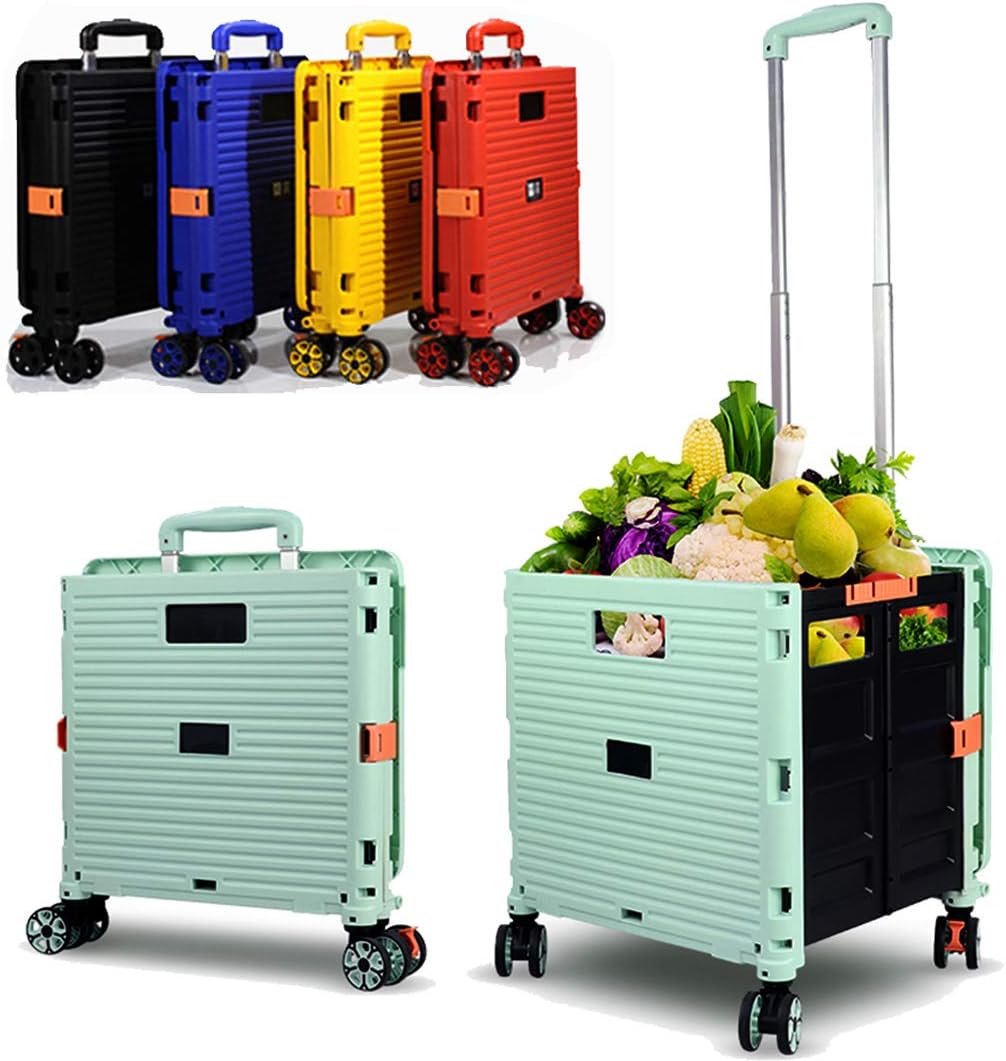 Foldable Utility Cart Folding Portable Rolling Crate Handcart Shopping Trolley Wheel Box with Lid Wear-Resistant Noiseless 360°Rotate Wheel for Travel Shopping Moving Storage Office Use (Yellow)