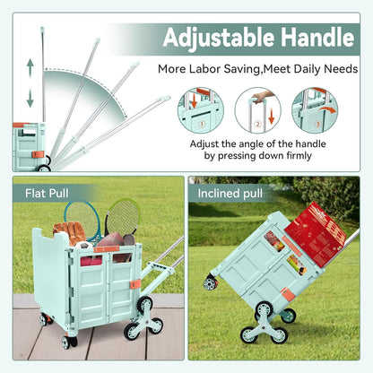 Foldable Utility Cart Folding Portable Rolling Crate Handcart Shopping Trolley Wheel Box with Lid Wear-Resistant Noiseless 360°Rotate Wheel for Travel Shopping Moving Storage Office Use (Yellow)