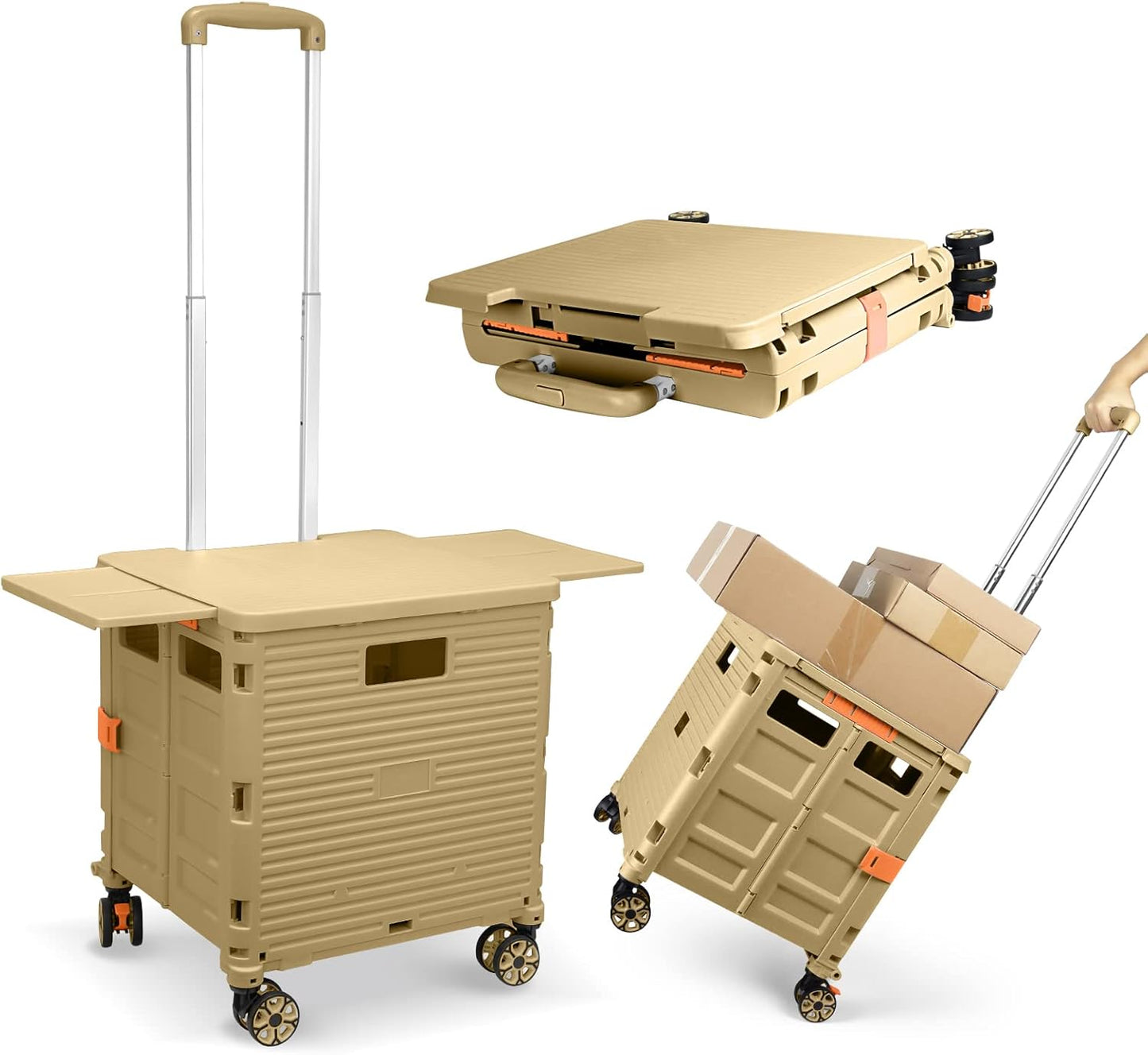 Foldable Utility Cart Folding Portable Rolling Crate Handcart Shopping Trolley Wheel Box with Lid Wear-Resistant Noiseless 360°Rotate Wheel for Travel Shopping Moving Storage Office Use (Yellow)