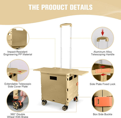Foldable Utility Cart Folding Portable Rolling Crate Handcart Shopping Trolley Wheel Box with Lid Wear-Resistant Noiseless 360°Rotate Wheel for Travel Shopping Moving Storage Office Use (Yellow)