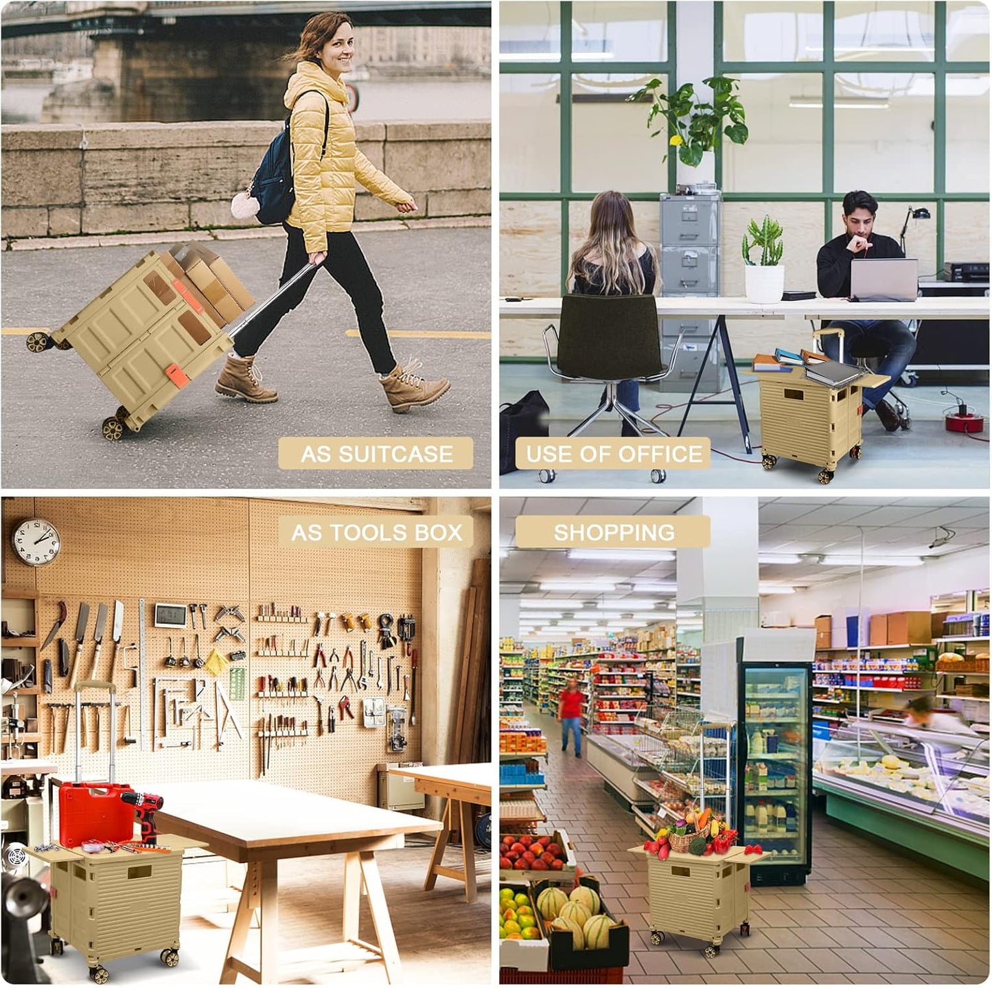 Foldable Utility Cart Folding Portable Rolling Crate Handcart Shopping Trolley Wheel Box with Lid Wear-Resistant Noiseless 360°Rotate Wheel for Travel Shopping Moving Storage Office Use (Yellow)