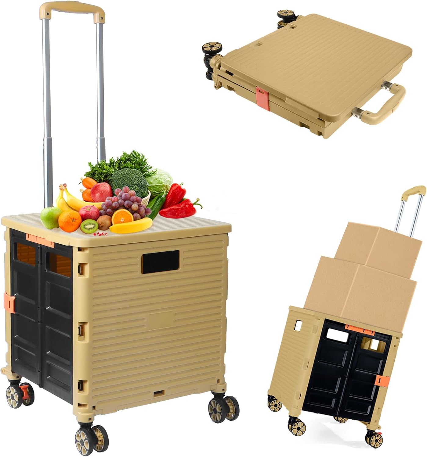 Foldable Utility Cart Folding Portable Rolling Crate Handcart Shopping Trolley Wheel Box with Lid Wear-Resistant Noiseless 360°Rotate Wheel for Travel Shopping Moving Storage Office Use (Yellow)
