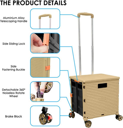 Foldable Utility Cart Folding Portable Rolling Crate Handcart Shopping Trolley Wheel Box with Lid Wear-Resistant Noiseless 360°Rotate Wheel for Travel Shopping Moving Storage Office Use (Yellow)