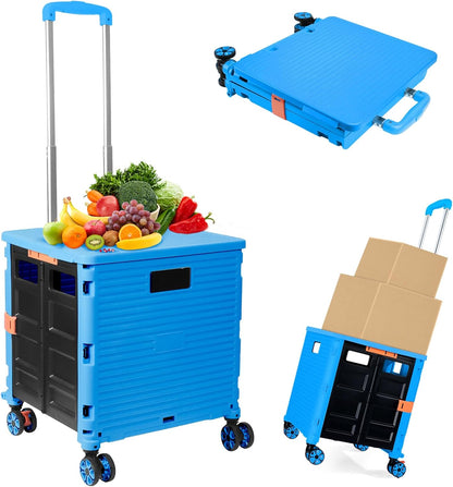 Foldable Utility Cart Folding Portable Rolling Crate Handcart Shopping Trolley Wheel Box with Lid Wear-Resistant Noiseless 360°Rotate Wheel for Travel Shopping Moving Storage Office Use (Yellow)