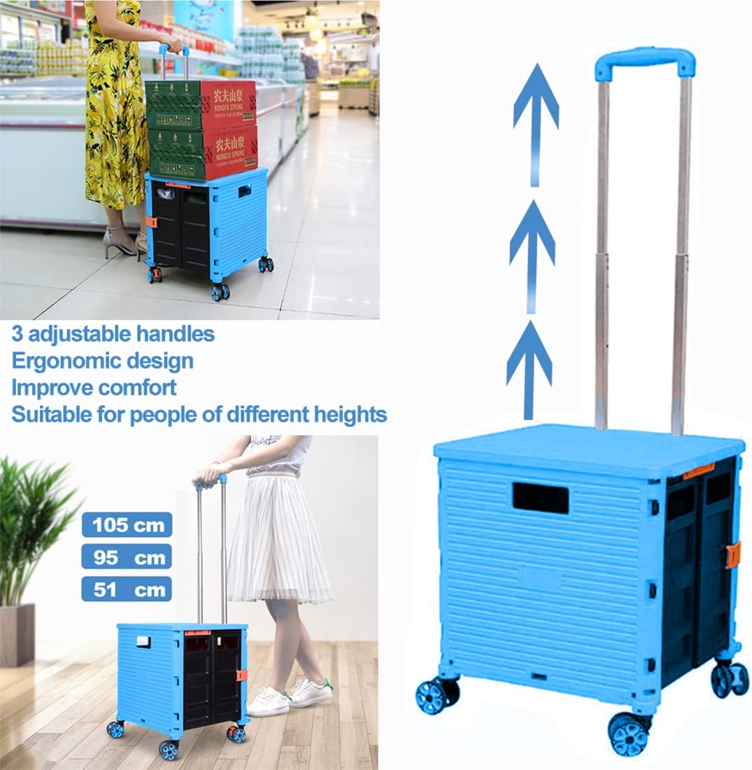 Foldable Utility Cart Folding Portable Rolling Crate Handcart Shopping Trolley Wheel Box with Lid Wear-Resistant Noiseless 360°Rotate Wheel for Travel Shopping Moving Storage Office Use (Yellow)