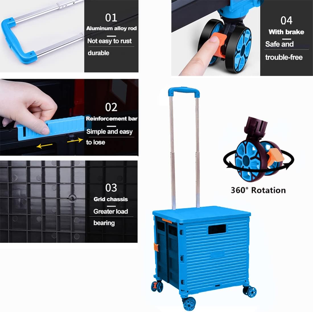 Foldable Utility Cart Folding Portable Rolling Crate Handcart Shopping Trolley Wheel Box with Lid Wear-Resistant Noiseless 360°Rotate Wheel for Travel Shopping Moving Storage Office Use (Yellow)