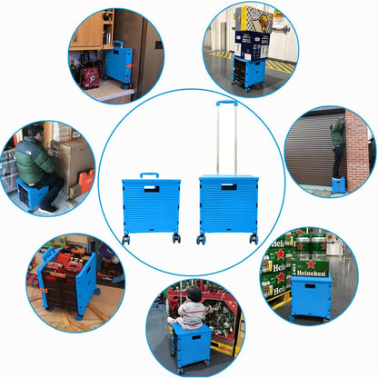 Foldable Utility Cart Folding Portable Rolling Crate Handcart Shopping Trolley Wheel Box with Lid Wear-Resistant Noiseless 360°Rotate Wheel for Travel Shopping Moving Storage Office Use (Yellow)